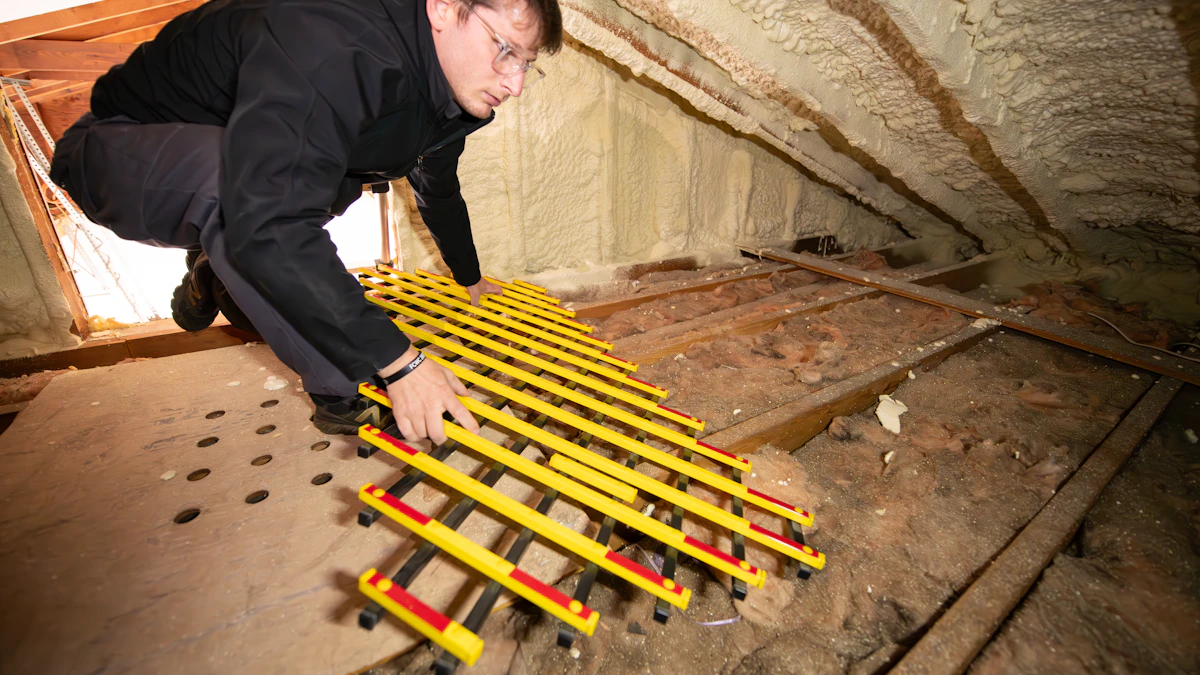 Professionnel préparant le plancher d’un comble avant isolation