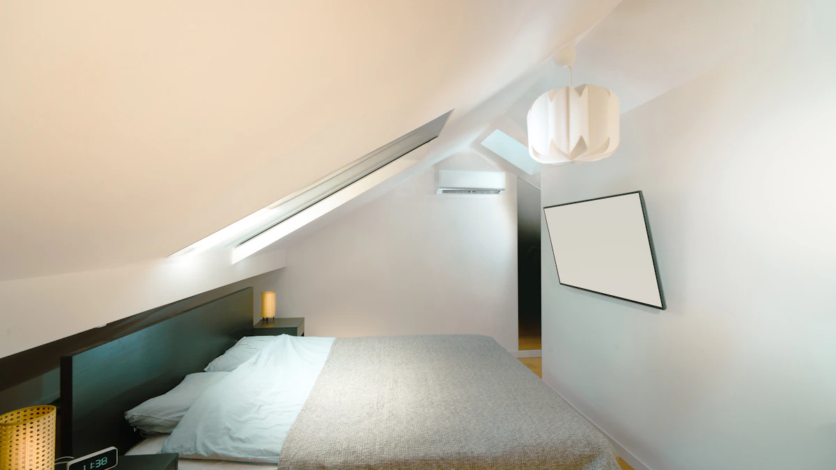 Chambre lumineuse aménagée sous les pentes du toit